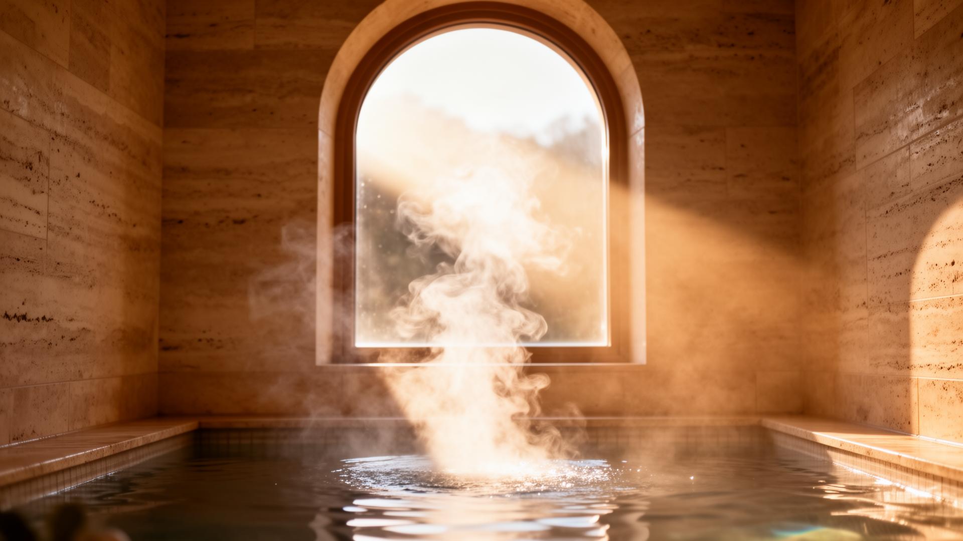 Steam rising in a sunlit travertine bath