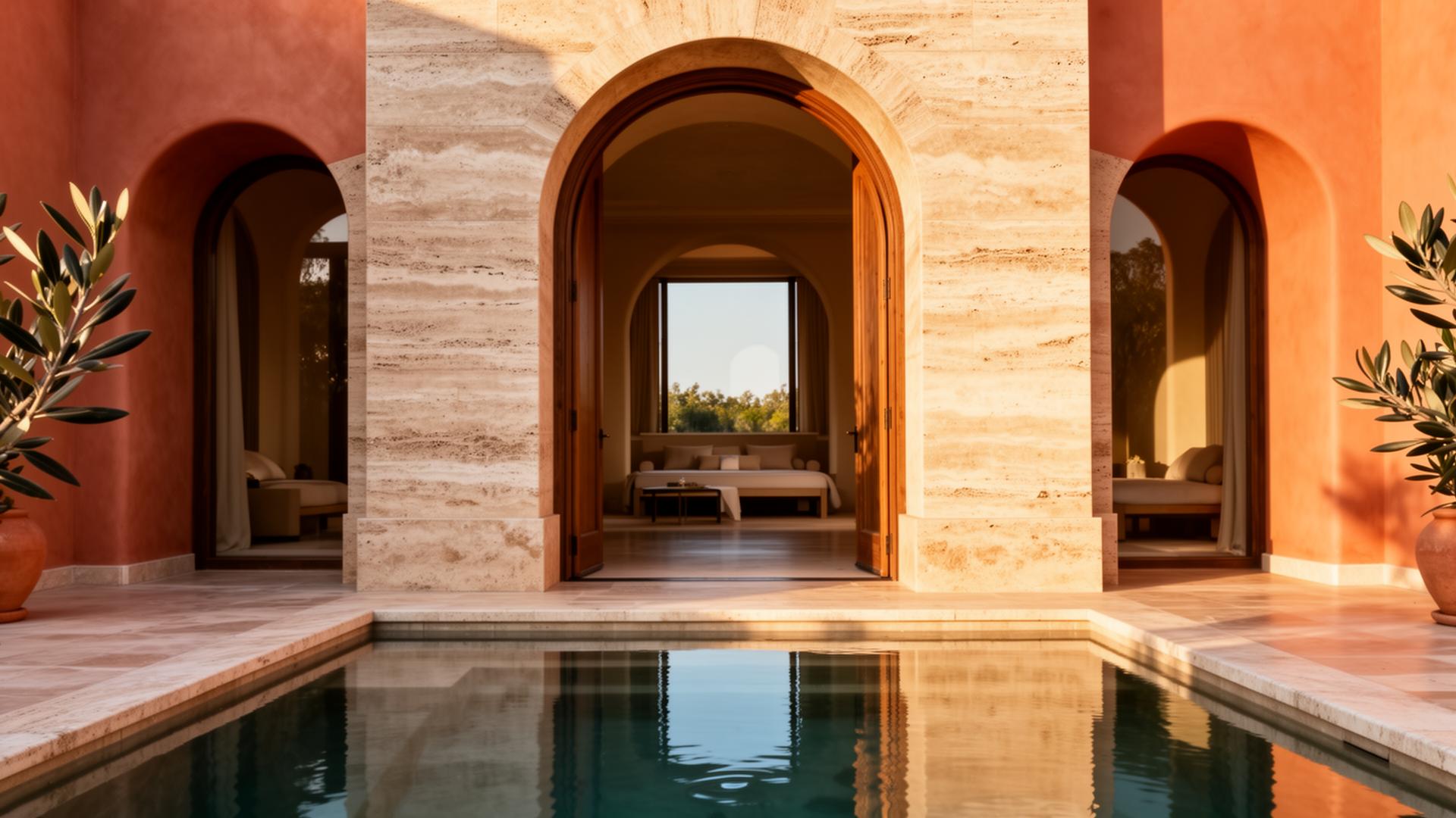 Arched travertine doorway with reflecting pool