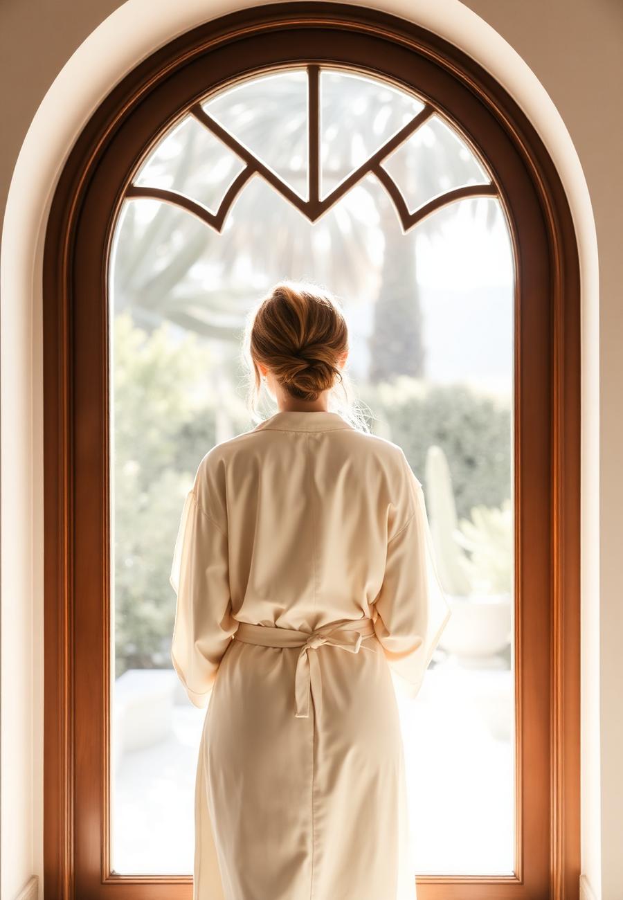 Guest in ivory robe by an arched window