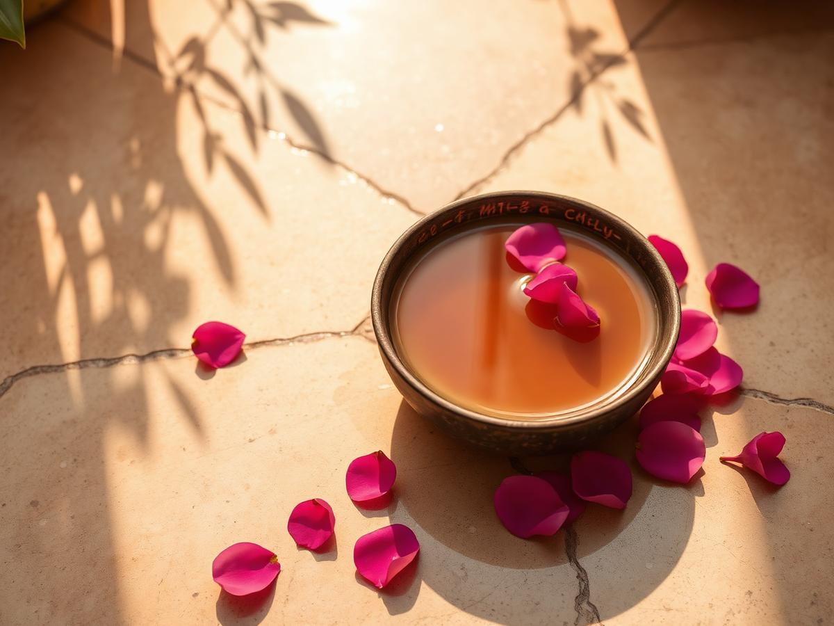 Rose petals around a warm bowl