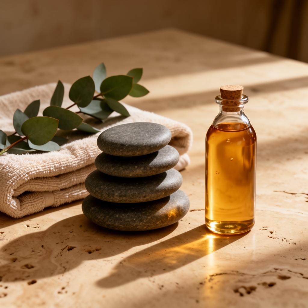 Hot stones and amber oil bottle on travertine